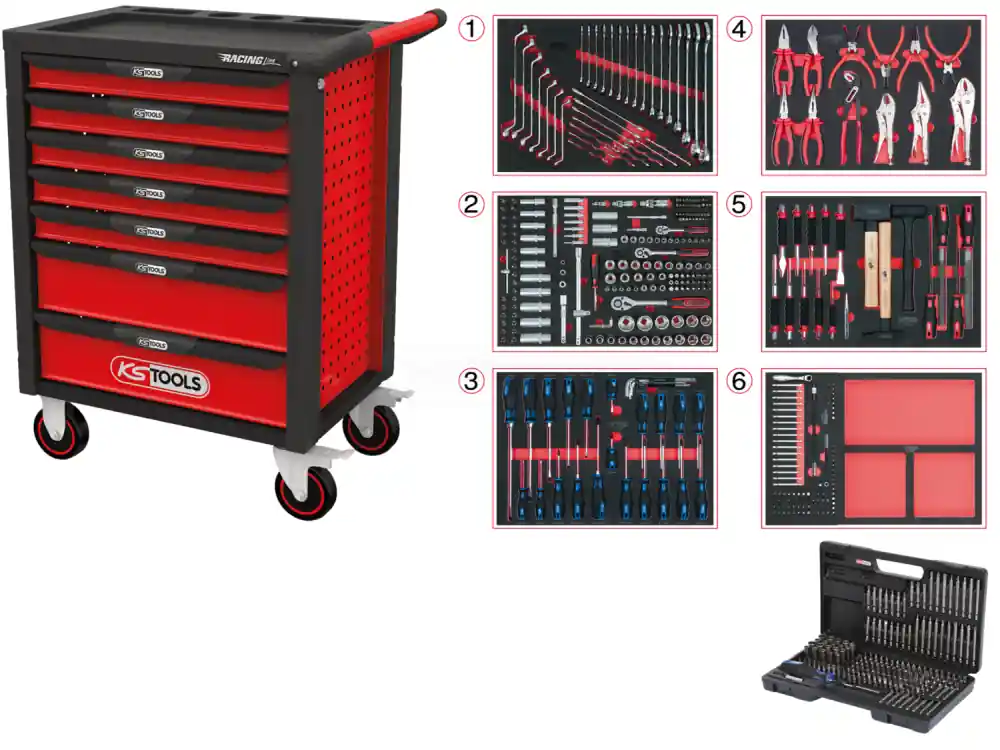 KS Tools RACINGline SCHWARZ/ROT Werkstattwagen mit 7 Schubladen und 598 Premium-Werkzeugen - 826.7598 Sonderangebot