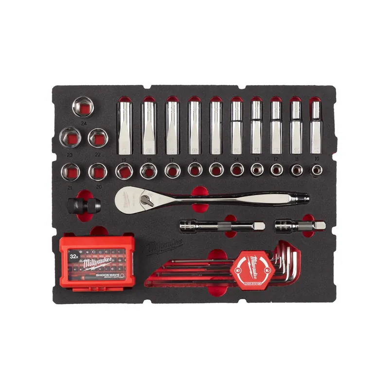 Letzte Chance Milwaukee Sechskantschlüssel, SHOCKWAVE Bits & 1/2" Ratschen u. Steckschlüsseleinsätze Einlage 70-teilige Einlage für PACKOUT Koffer mit Schubladen