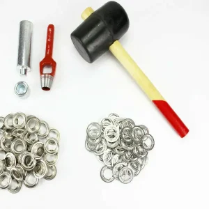 Günstig Profi Hammer Ösenset 20mm + 50 Ösen Messing vernickelt DIN 7332 + Ösenwerkzeug