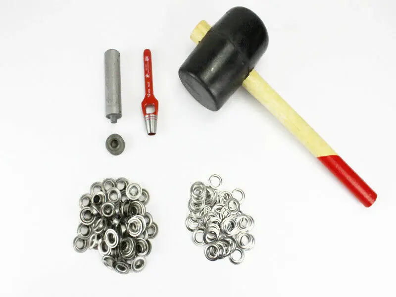 Markenware Profi Hammer Ösenset 12mm + 50 DIN Ösen VA Edelstahl Locheisen Ösenwerkzeug