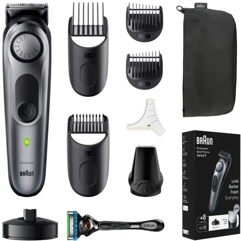 Braun BeardTrimmer BT7420 448273 Akku/Netz sw/gr 5 Aufsätze Kulturtasche Zertifiziert